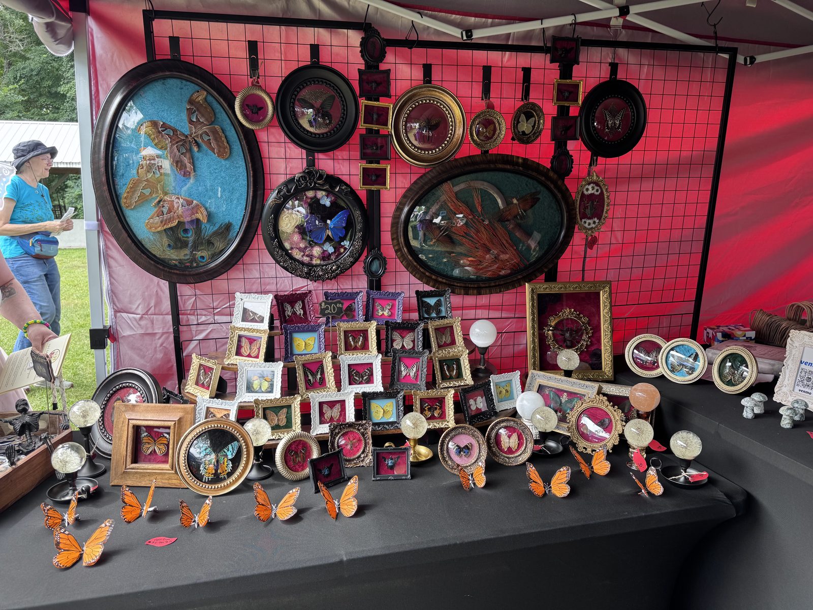 Vendor tent with elaborate framed butterfly displays