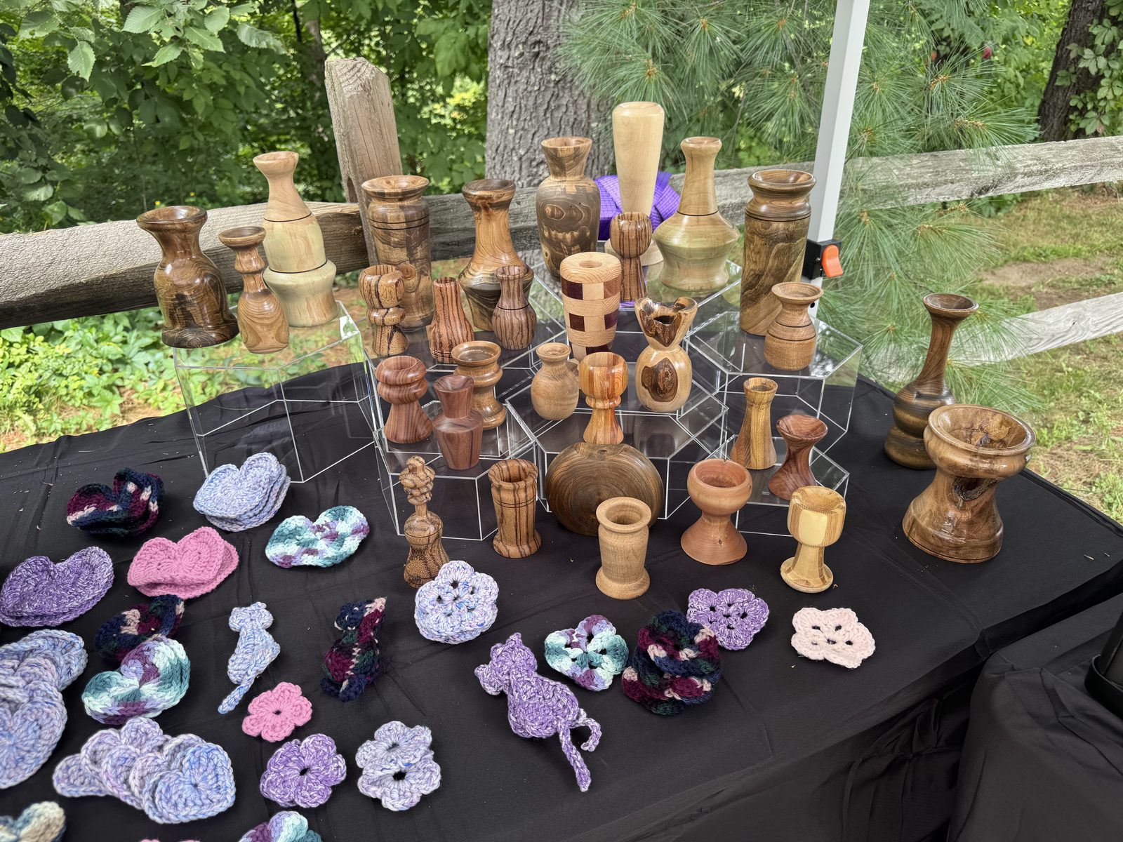 Hand-turned wooden vases and crocheted flower accessories